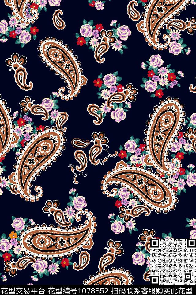 民族风佩斯利花卉花枝数码印花华亿平台下载（图片编号: 1078852） - 瓦栏（Walan）