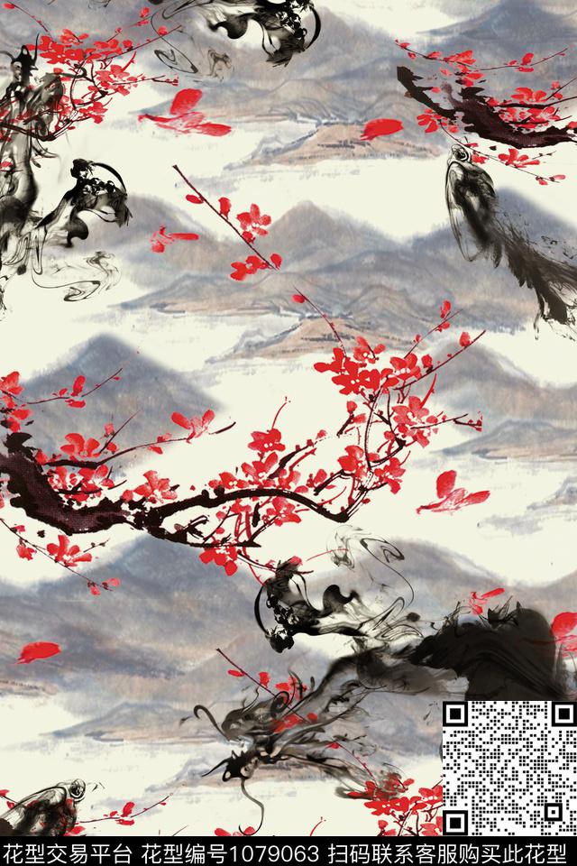 梅花中国风山数码印花华亿平台下载（图片编号: 1079063） - 瓦栏（Walan）
