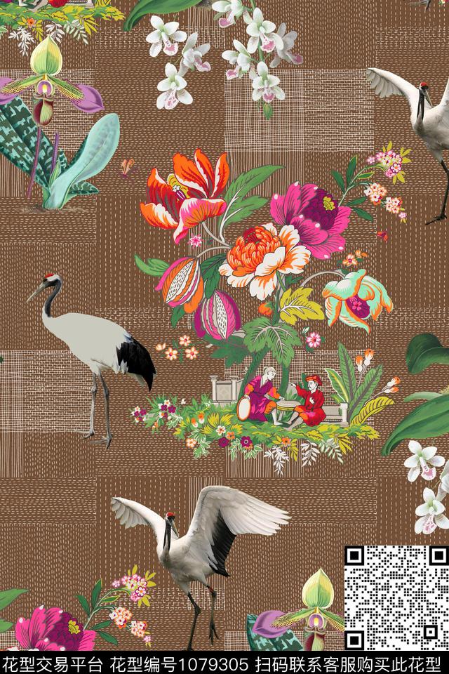仙鹤花卉数码印花华亿平台下载（图片编号: 1079305） - 瓦栏（Walan）