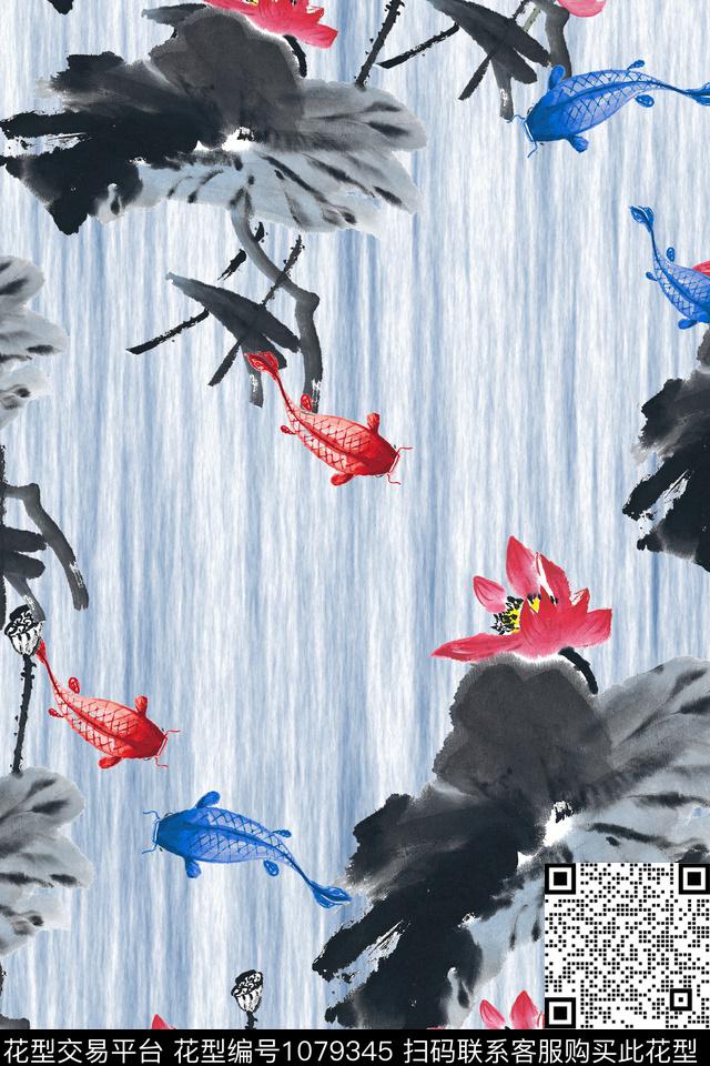 民族风荷花水墨风数码印花华亿平台下载（图片编号: 1079345） - 瓦栏（Walan）