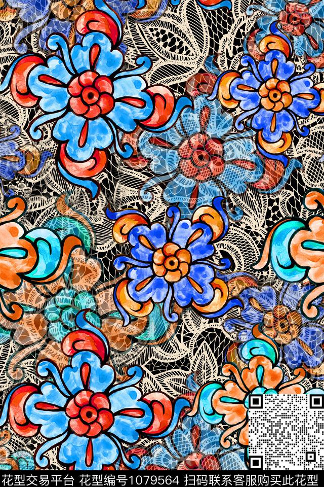 抽象网布蕾丝花卉数码印花华亿平台下载（图片编号: 1079564） - 瓦栏（Walan）