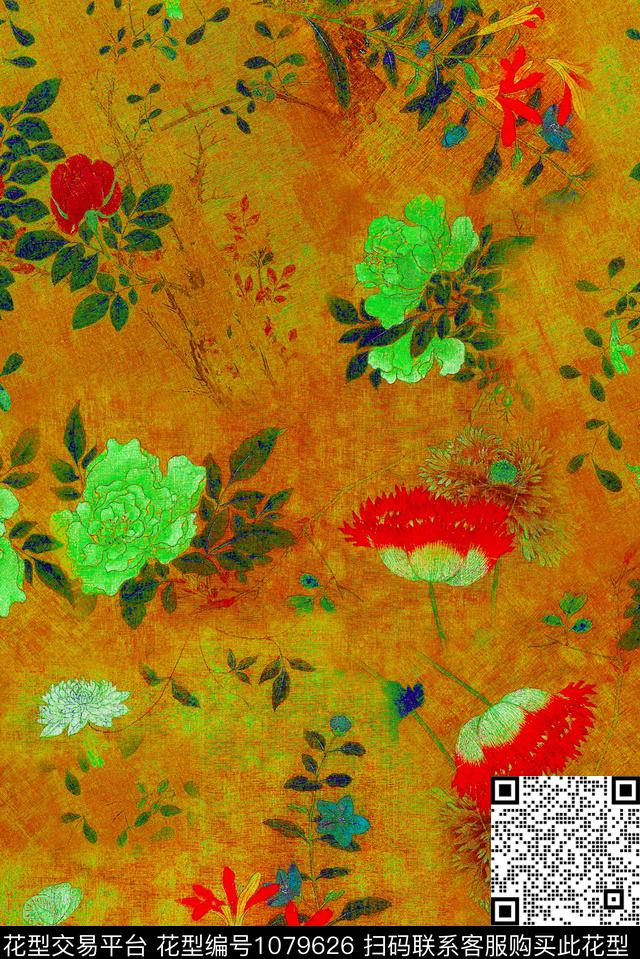 牡丹中国风绿植树叶数码印花华亿平台下载（图片编号: 1079626） - 瓦栏（Walan）