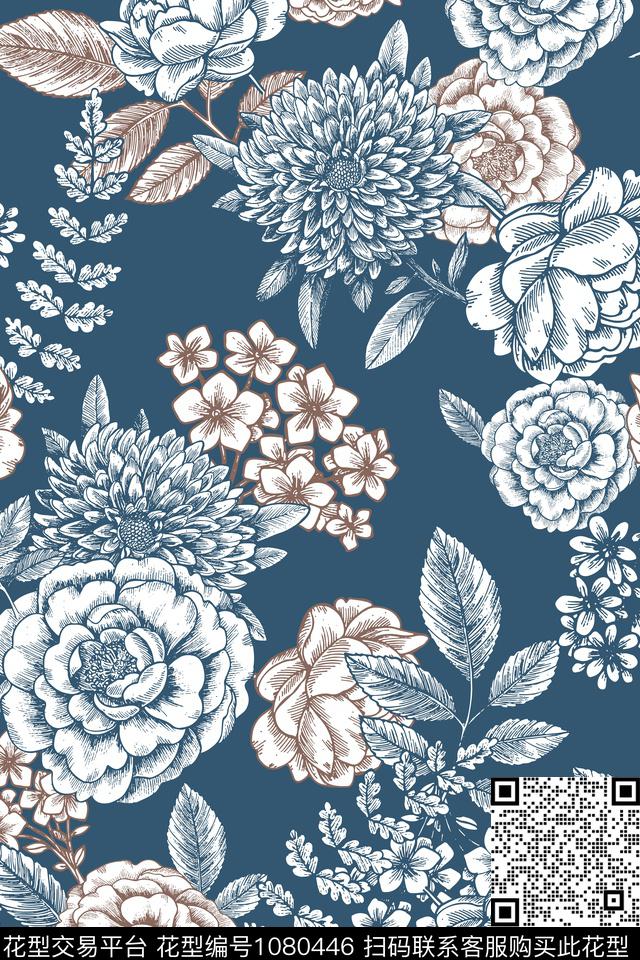 春夏华亿平台手绘花卉花卉传统印花华亿平台下载（图片编号: 1080446） - 瓦栏（Walan）