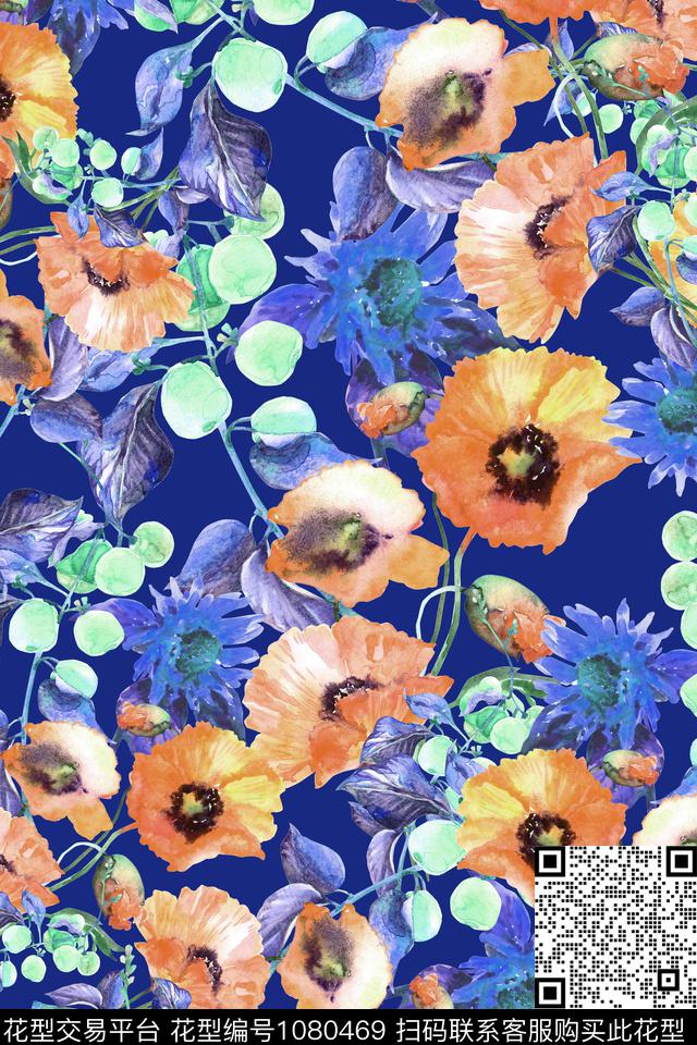 手绘花卉欧美数码华亿平台数码印花华亿平台下载（图片编号: 1080469） - 瓦栏（Walan）