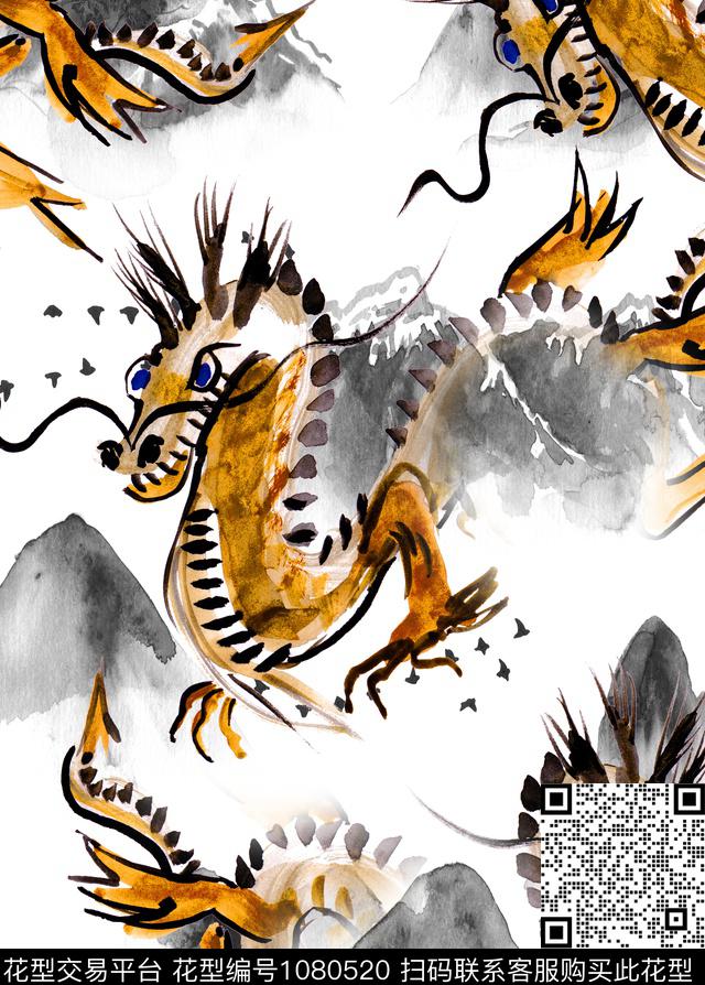 中国风创意水墨龙数码印花华亿平台下载（图片编号: 1080520） - 瓦栏（Walan）