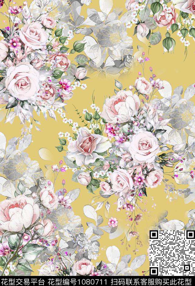 数码华亿平台花卉彩色地花卉数码印花华亿平台下载（图片编号: 1080711） - 瓦栏（Walan）