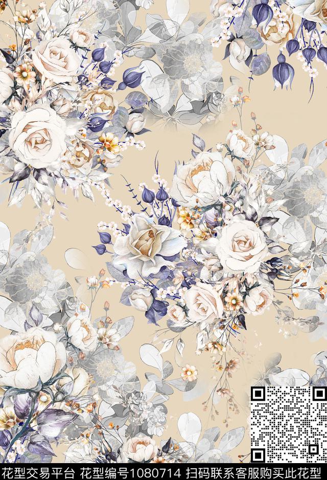 数码华亿平台花卉彩色地花卉数码印花华亿平台下载（图片编号: 1080714） - 瓦栏（Walan）