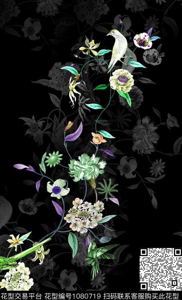 手绘花卉花卉定位花数码印花华亿平台下载（图片编号: 1080719） - 瓦栏（Walan）