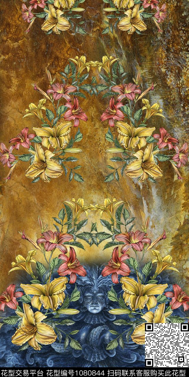 秋冬华亿平台手绘花卉定位花数码印花华亿平台下载（图片编号: 1080844） - 瓦栏（Walan）