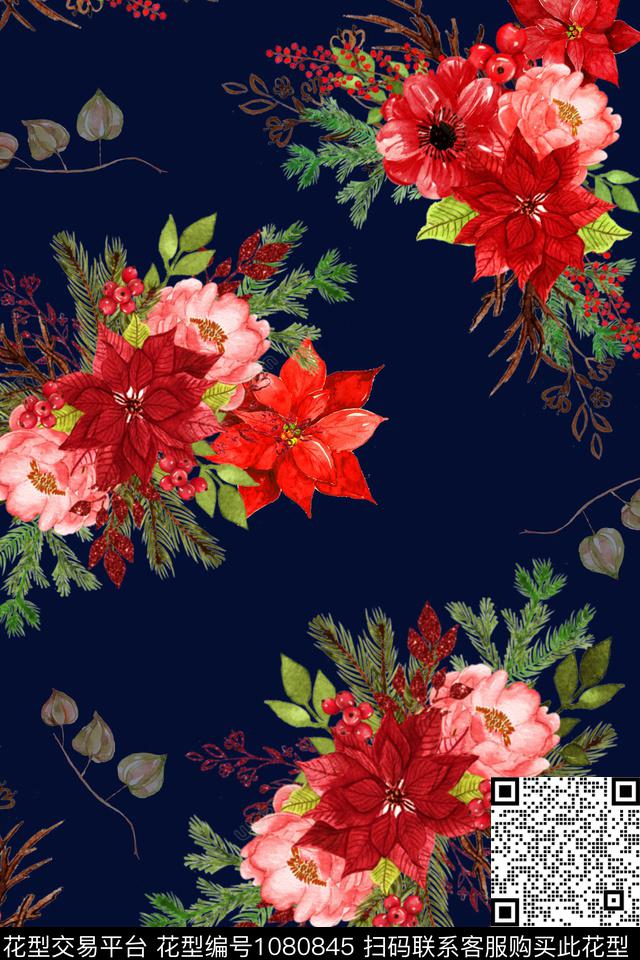 彩底花卉民族花卉玫瑰花数码印花华亿平台下载（图片编号: 1080845） - 瓦栏（Walan）