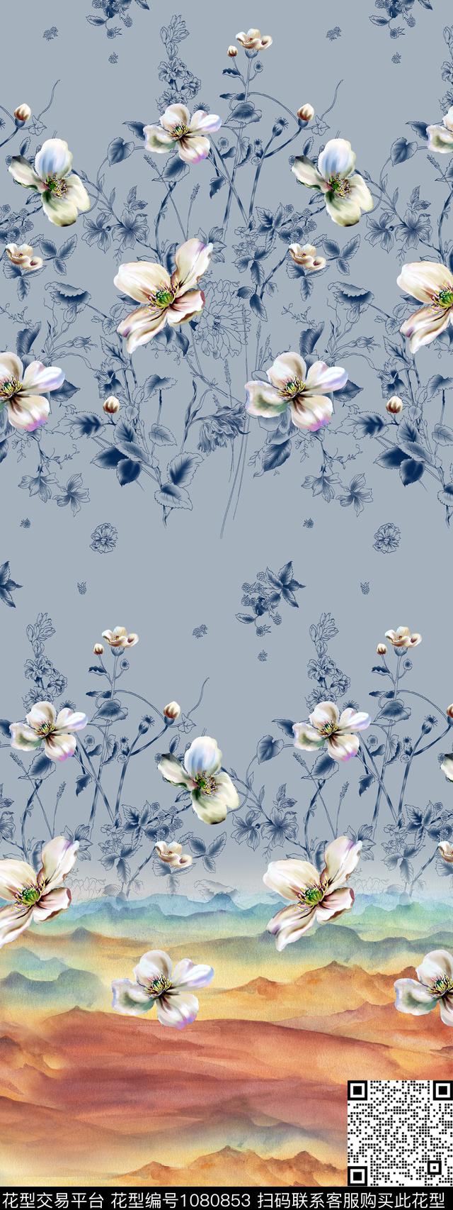 秋冬华亿平台手绘花卉宫廷风数码印花华亿平台下载（图片编号: 1080853） - 瓦栏（Walan）
