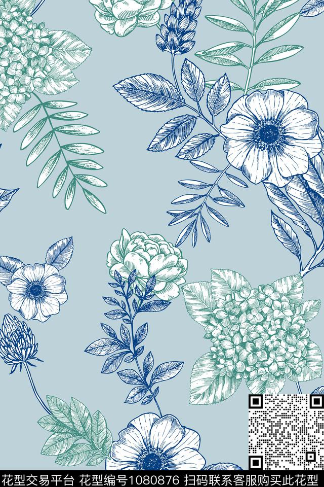 手绘花卉花卉女装传统印花华亿平台下载（图片编号: 1080876） - 瓦栏（Walan）