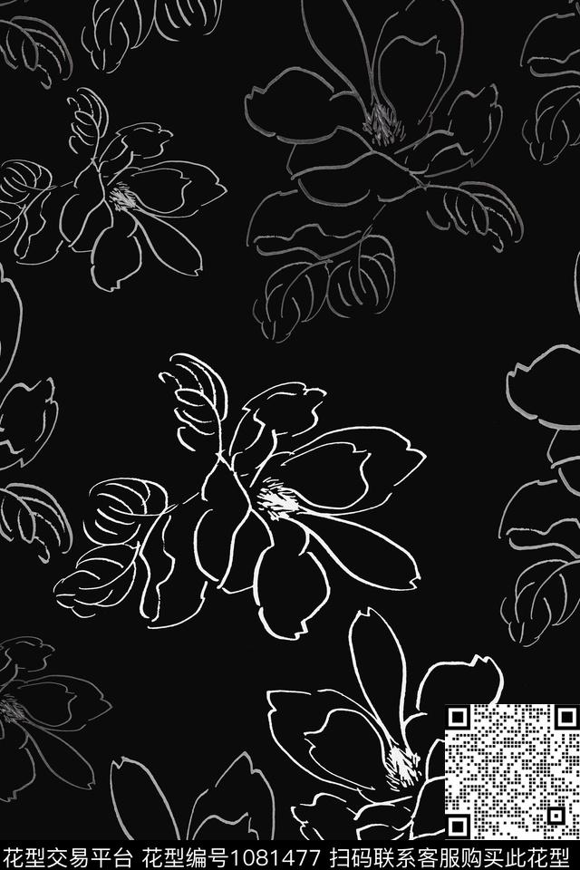 民族风图案手绘线条笔触白描花卉传统印花华亿平台下载（图片编号: 1081477） - 瓦栏（Walan）