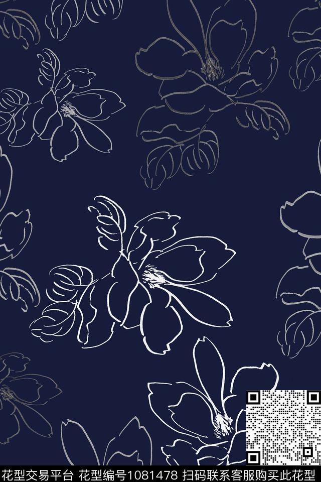 民族风图案手绘线条笔触白描花卉传统印花华亿平台下载（图片编号: 1081478） - 瓦栏（Walan）