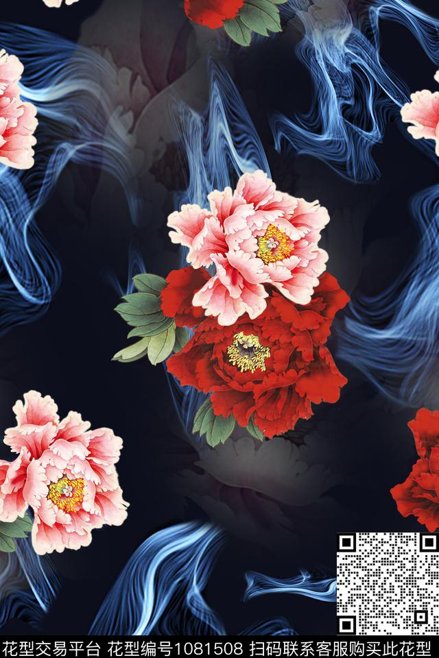 牡丹中国风数码印花华亿平台下载（图片编号: 1081508） - 瓦栏（Walan）