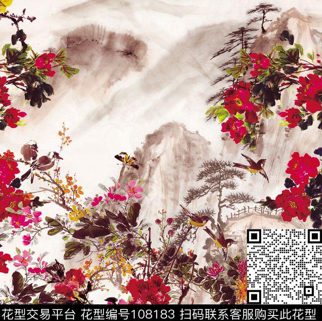 国画工笔花卉数码印花华亿平台下载（图片编号: 108183） - 瓦栏（Walan）