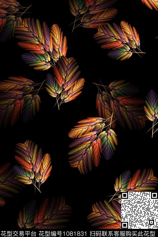 麦穗抽象分形黑底老年装数码印花华亿平台下载（图片编号: 1081831） - 瓦栏（Walan）