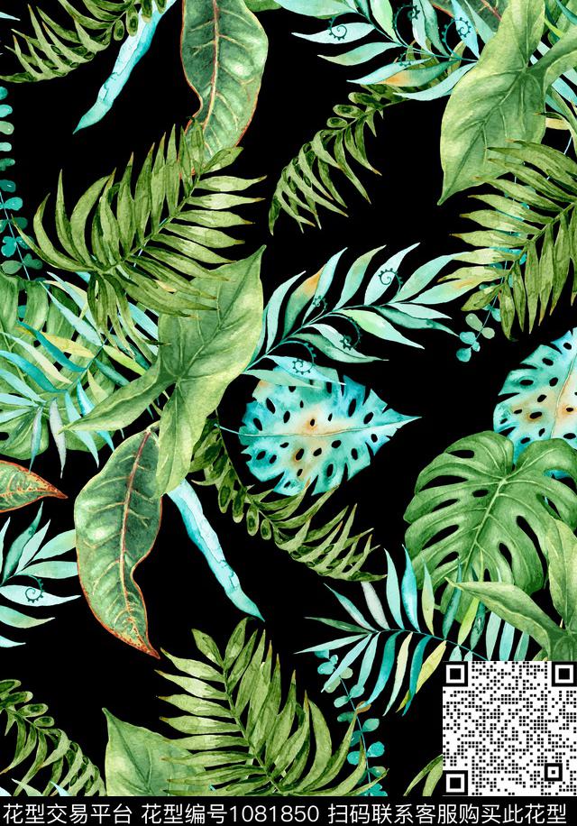 黑底花卉热带华亿平台绿植树叶数码印花华亿平台下载（图片编号: 1081850） - 瓦栏（Walan）