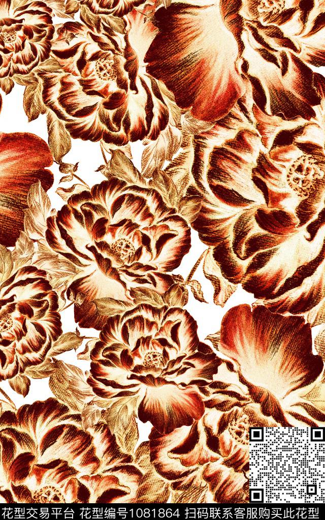 线条肌理花卉数码印花华亿平台下载（图片编号: 1081864） - 瓦栏（Walan）