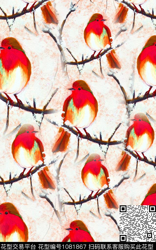 树枝鸟/昆虫笔触数码印花华亿平台下载（图片编号: 1081867） - 瓦栏（Walan）