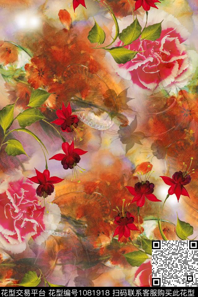数码华亿平台水彩花卉花卉数码印花华亿平台下载（图片编号: 1081918） - 瓦栏（Walan）