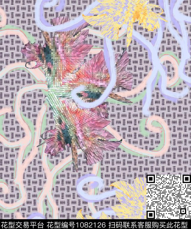 条纹抽象花卉数码印花华亿平台下载（图片编号: 1082126） - 瓦栏（Walan）