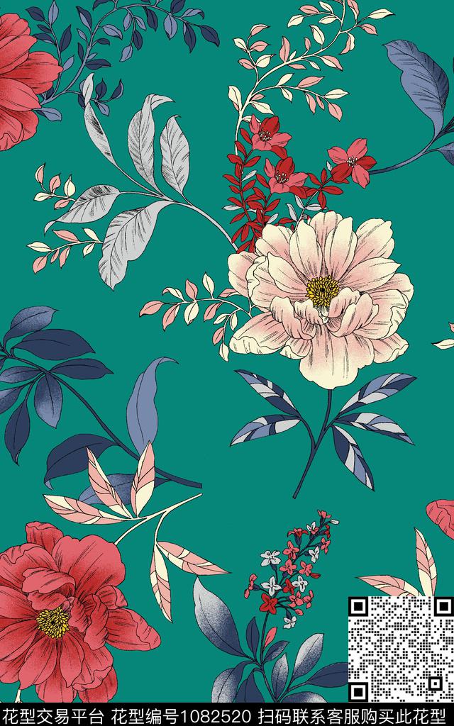 牡丹满版散花清爽底花卉传统印花华亿平台下载（图片编号: 1082520） - 瓦栏（Walan）