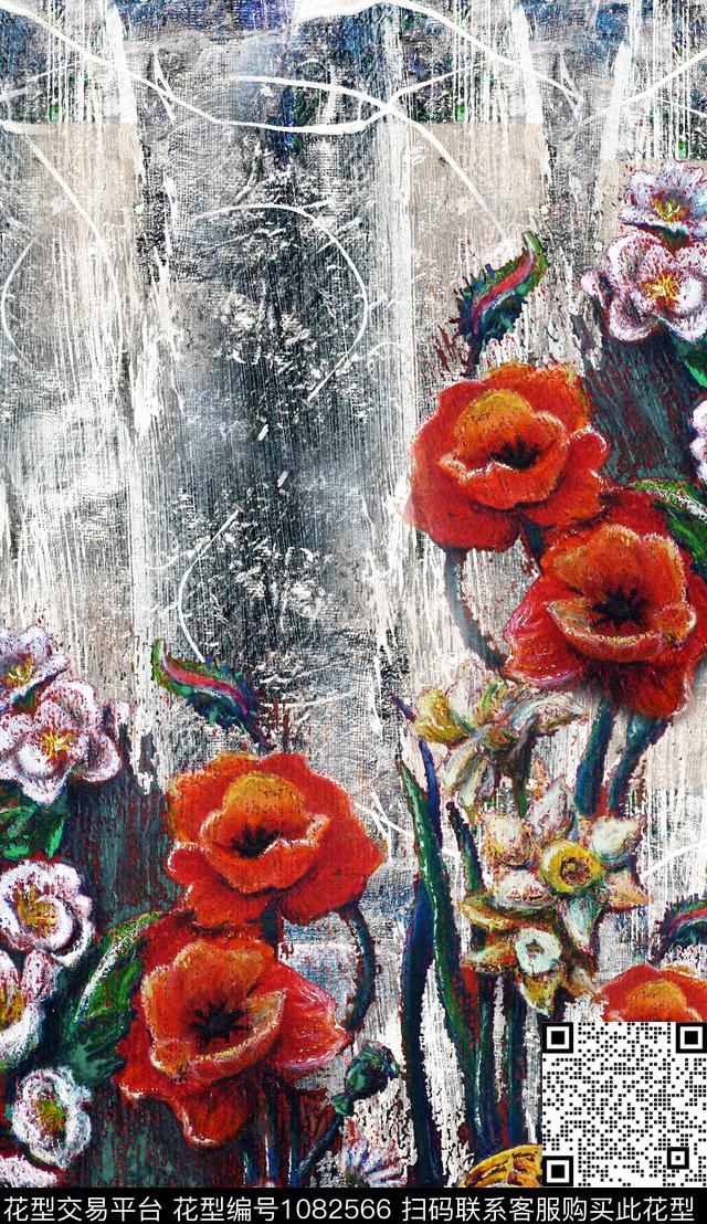 手绘花卉笔触油画华亿平台数码印花华亿平台下载（图片编号: 1082566） - 瓦栏（Walan）