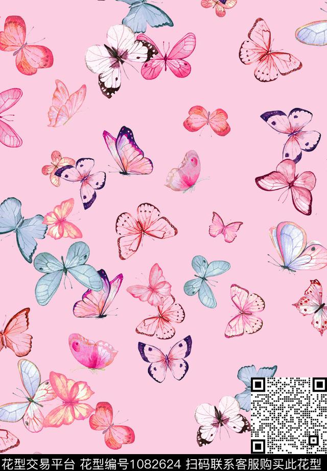 粉色蝴蝶水彩花卉数码印花华亿平台下载（图片编号: 1082624） - 瓦栏（Walan）