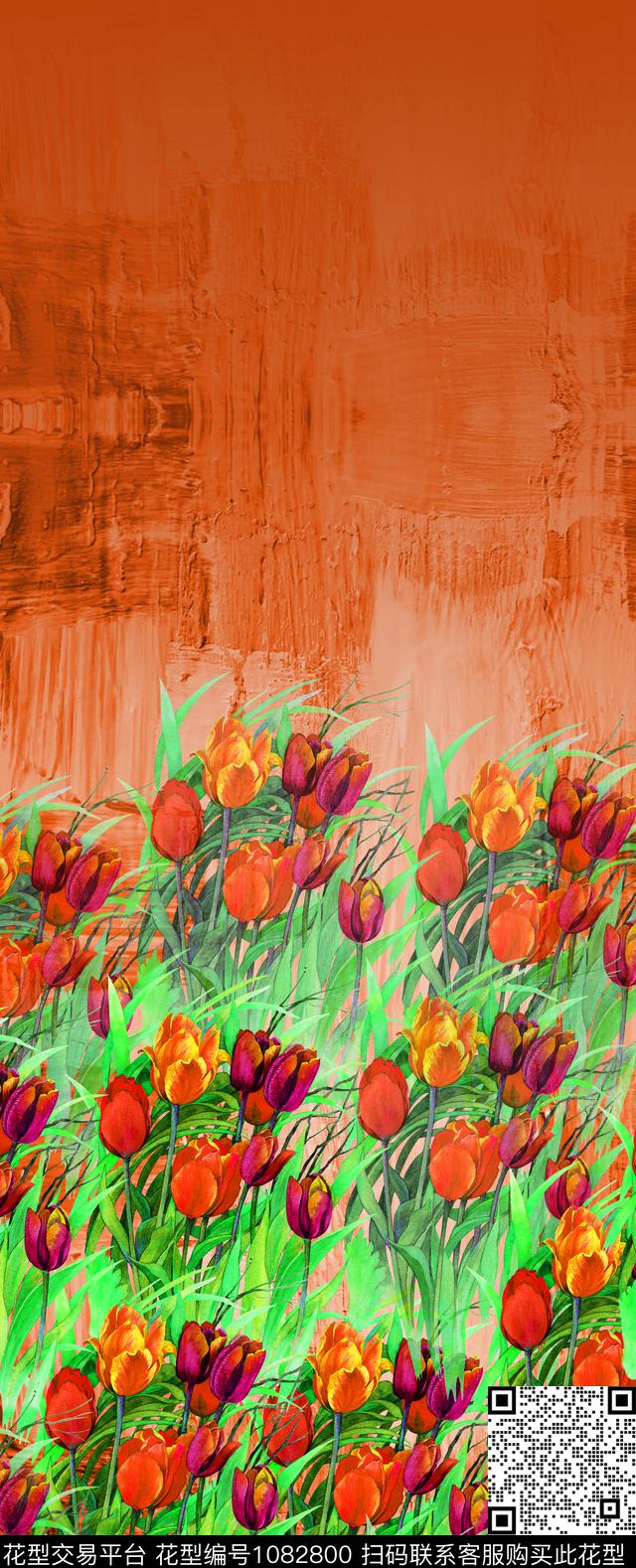 抽象花卉郁金香水彩花卉数码印花华亿平台下载（图片编号: 1082800） - 瓦栏（Walan）