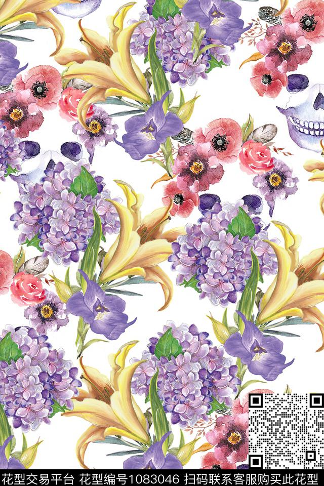 骷髅春夏华亿平台清爽底花卉数码印花华亿平台下载（图片编号: 1083046） - 瓦栏（Walan）