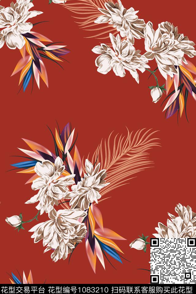 植物抽象手绘花卉数码印花华亿平台下载（图片编号: 1083210） - 瓦栏（Walan）