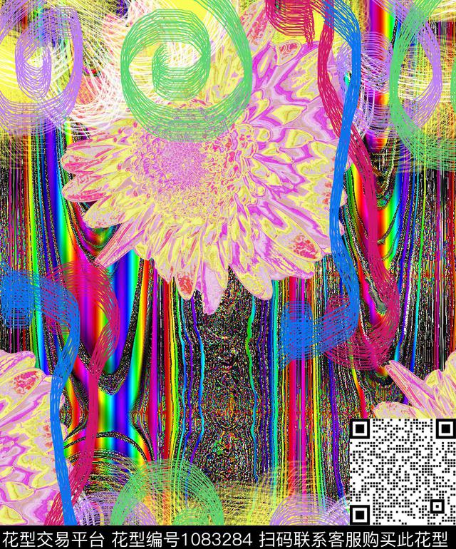 条纹抽象花卉数码印花华亿平台下载（图片编号: 1083284） - 瓦栏（Walan）