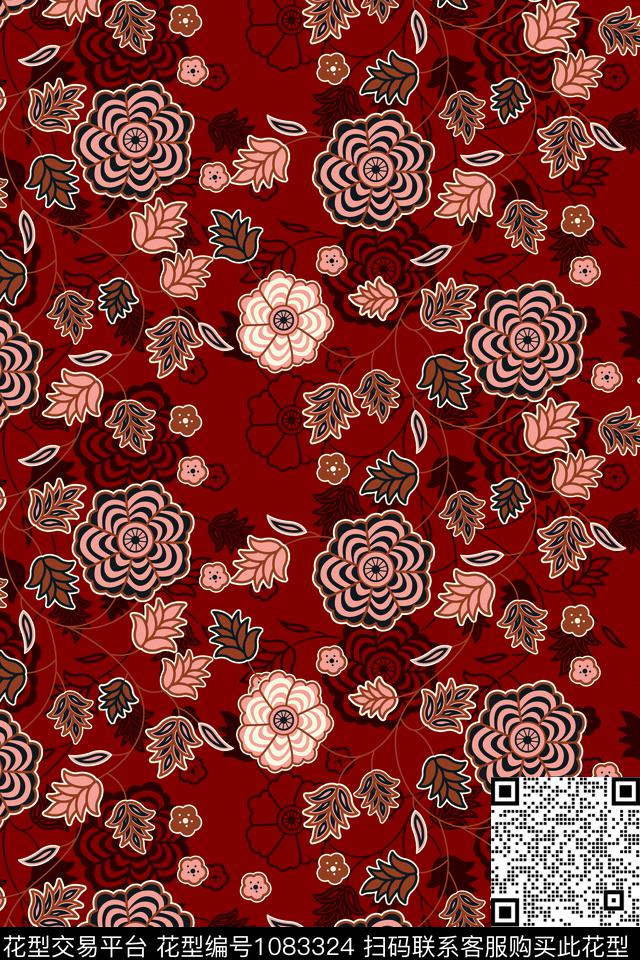 花卉几何1/2接数码印花华亿平台下载（图片编号: 1083324） - 瓦栏（Walan）