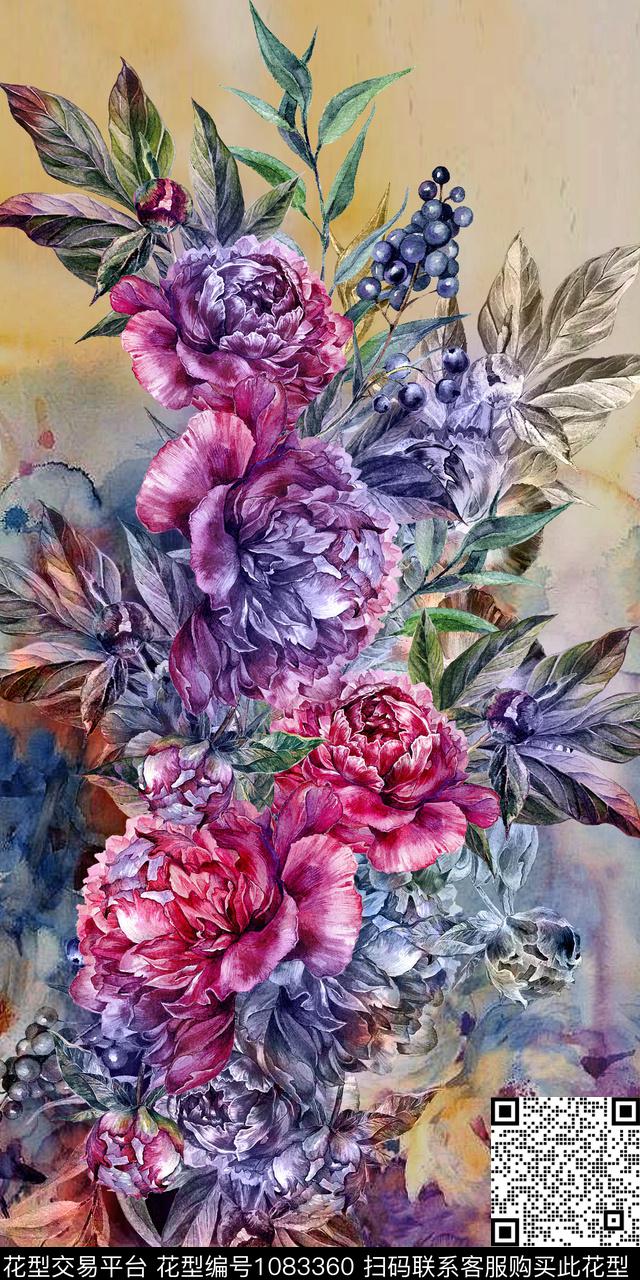 水彩花卉定位花大花数码印花华亿平台下载（图片编号: 1083360） - 瓦栏（Walan）