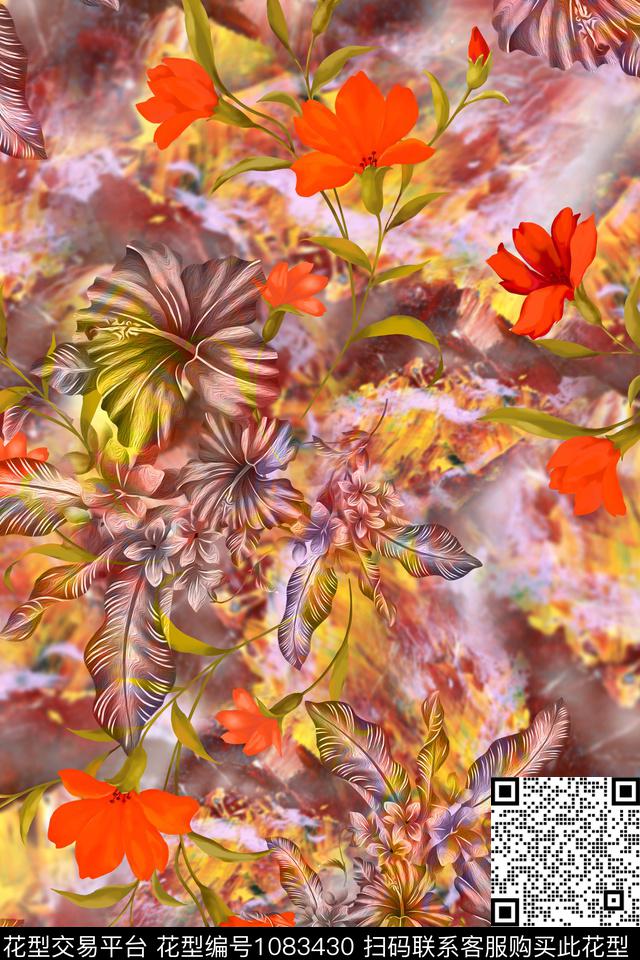 数码华亿平台抽象花卉数码印花华亿平台下载（图片编号: 1083430） - 瓦栏（Walan）