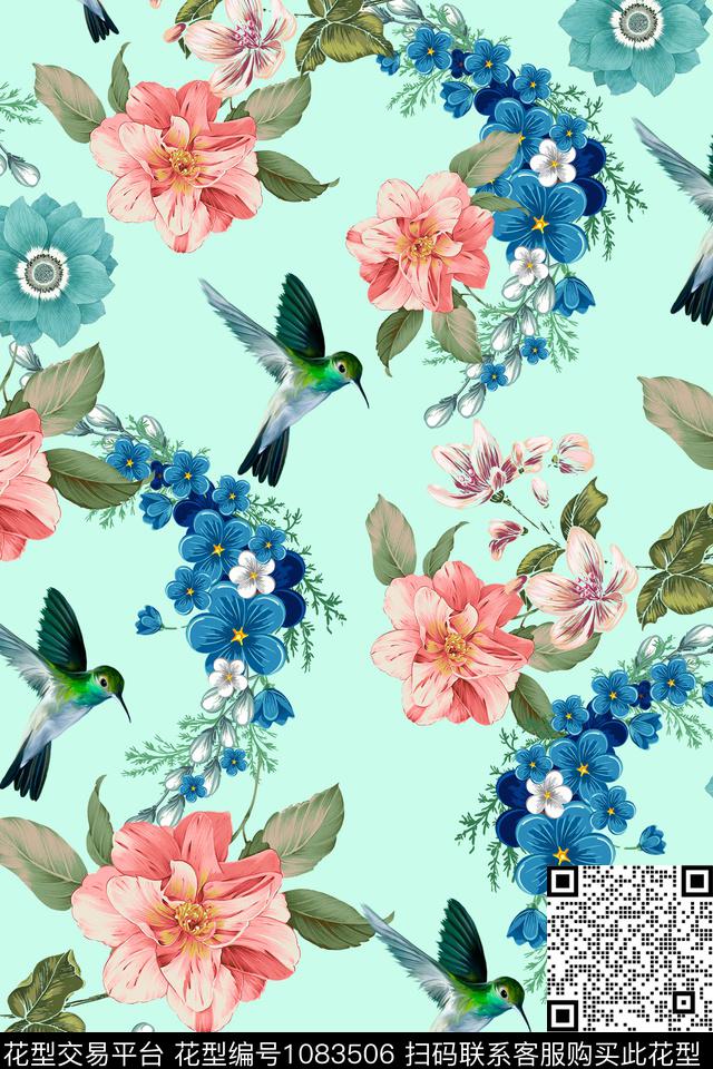 花鸟手绘花卉花卉数码印花华亿平台下载（图片编号: 1083506） - 瓦栏（Walan）