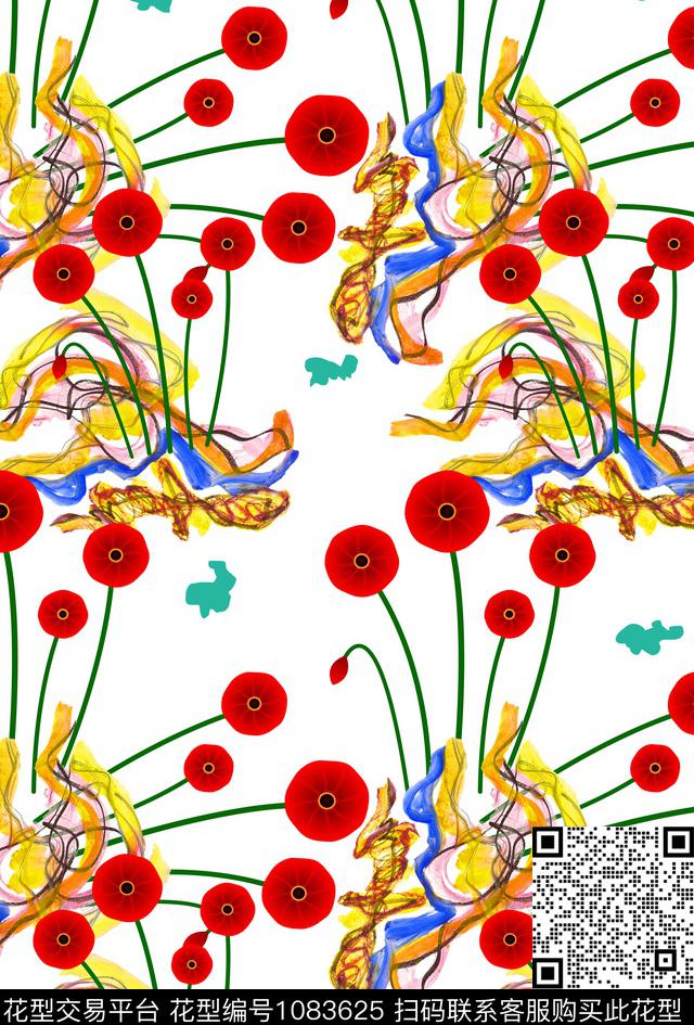 白底花花蕾抽象数码印花华亿平台下载（图片编号: 1083625） - 瓦栏（Walan）