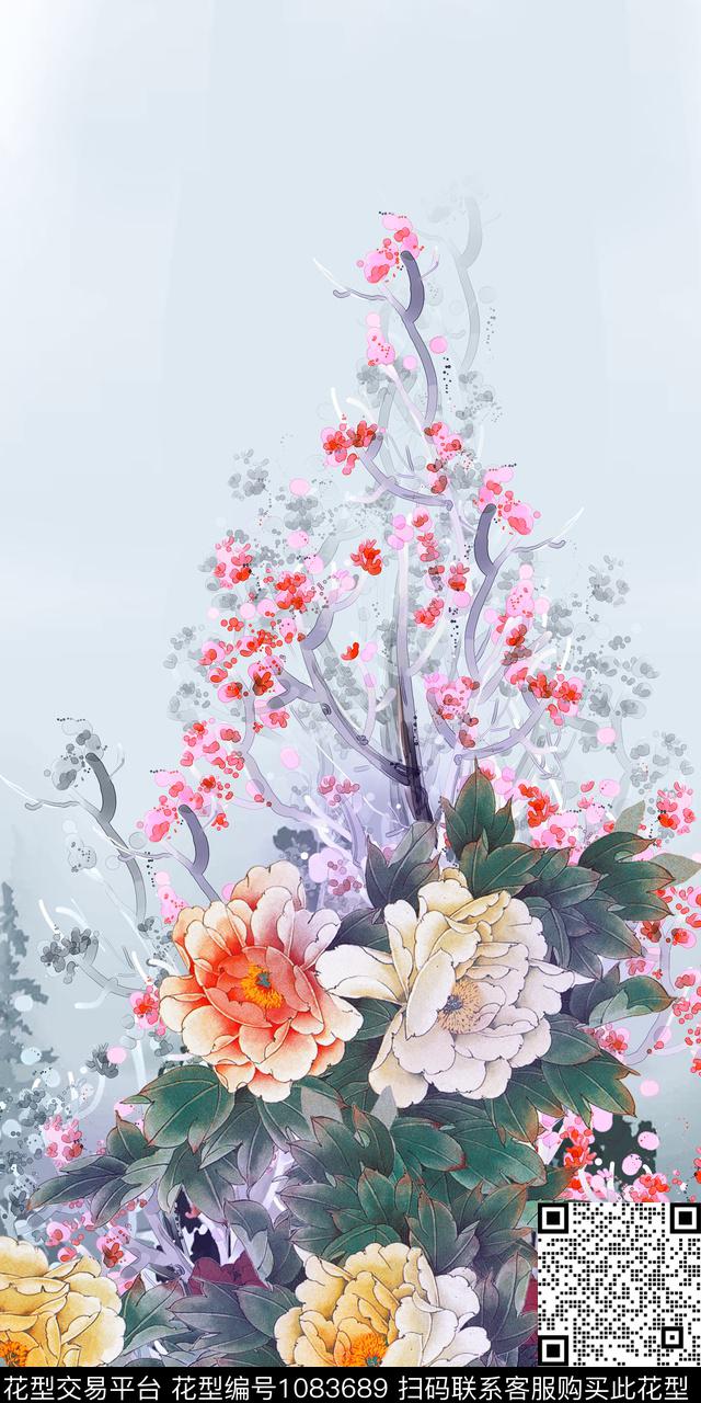 梅花中国风定位花牡丹数码印花华亿平台下载（图片编号: 1083689） - 瓦栏（Walan）