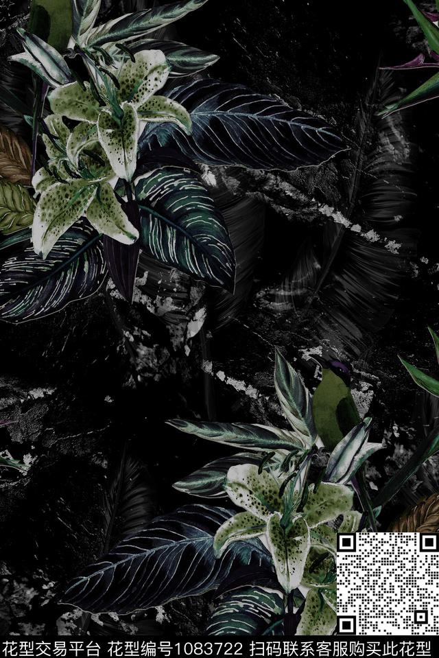 黑底花卉数码华亿平台大牌风数码印花华亿平台下载（图片编号: 1083722） - 瓦栏（Walan）