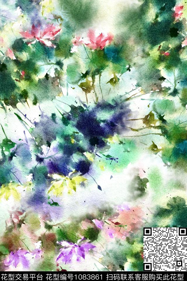 中国风花卉水彩花卉数码印花华亿平台下载（图片编号: 1083861） - 瓦栏（Walan）
