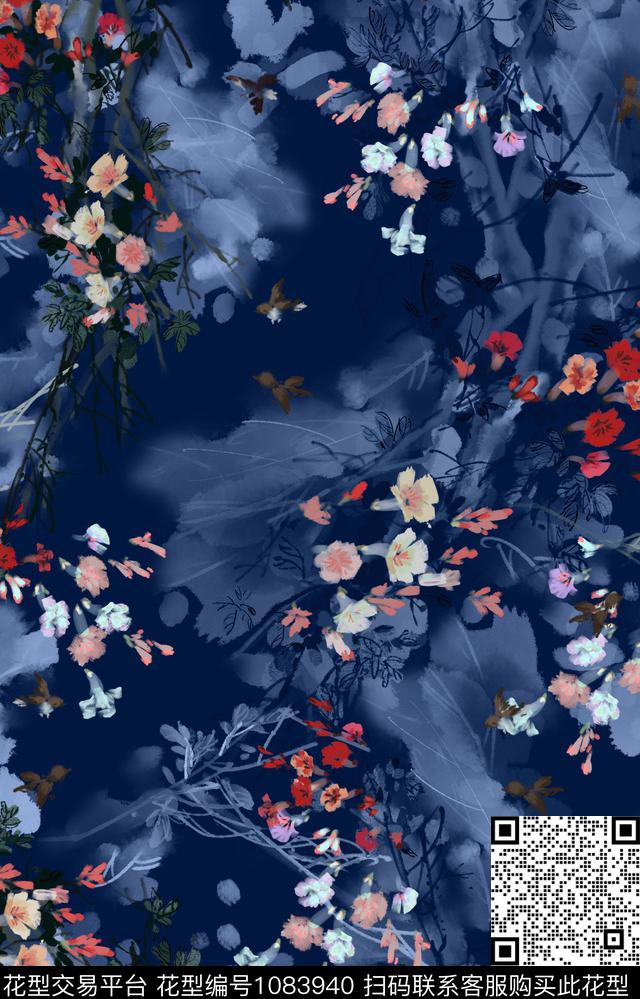MAX-女装花卉手绘国画花鸟中国风数码印花华亿平台下载（图片编号: 1083940） - 瓦栏（Walan）