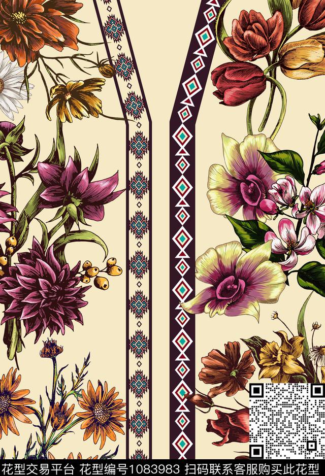 民族风古典花纹手绘花卉数码印花华亿平台下载（图片编号: 1083983） - 瓦栏（Walan）