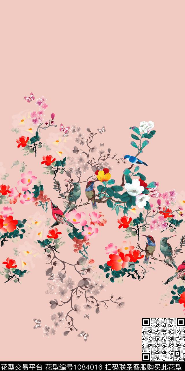 梅花鸟中国风定位花数码印花华亿平台下载（图片编号: 1084016） - 瓦栏（Walan）