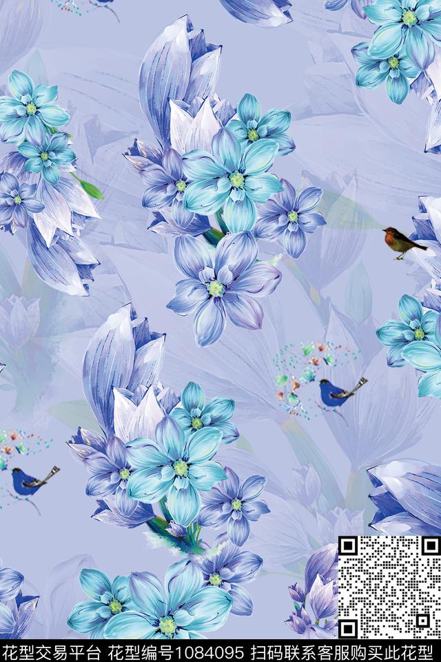 鸟花卉手绘花卉数码印花华亿平台下载（图片编号: 1084095） - 瓦栏（Walan）