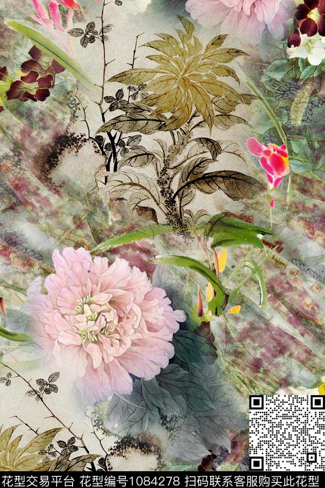 朦胧花卉国画牡丹花卉数码印花华亿平台下载（图片编号: 1084278） - 瓦栏（Walan）