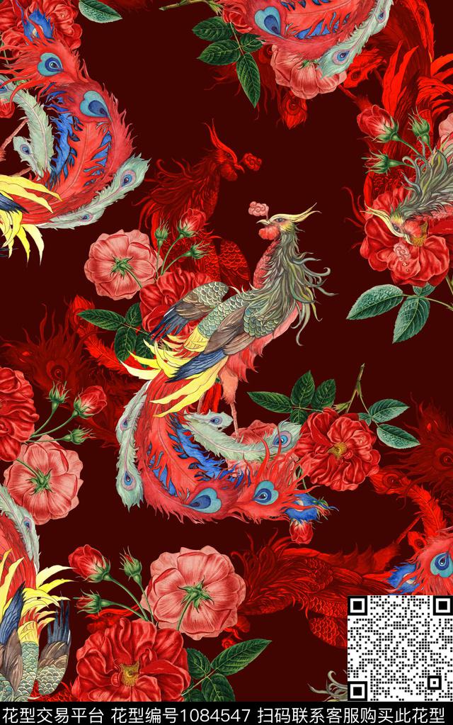 中国风抽象花卉复古数码印花华亿平台下载（图片编号: 1084547） - 瓦栏（Walan）