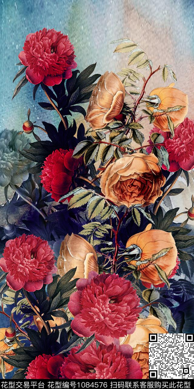 定位花大花朦胧底纹数码印花华亿平台下载（图片编号: 1084576） - 瓦栏（Walan）