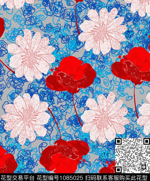 抽象花卉清爽底花卉数码印花华亿平台下载（图片编号: 1085025） - 瓦栏（Walan）