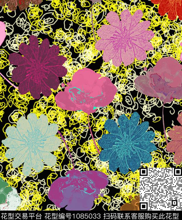 抽象花卉清爽底花卉数码印花华亿平台下载（图片编号: 1085033） - 瓦栏（Walan）